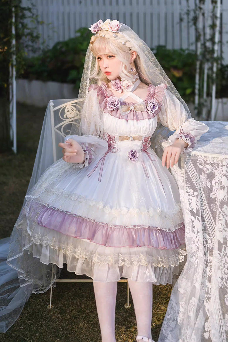 Purple [Spring of Boliya] Long Sleeves Multi-Layered Ruffle Bowknot Lace Lace-Up Sweet Princess Lolita Dress - Purple - 1