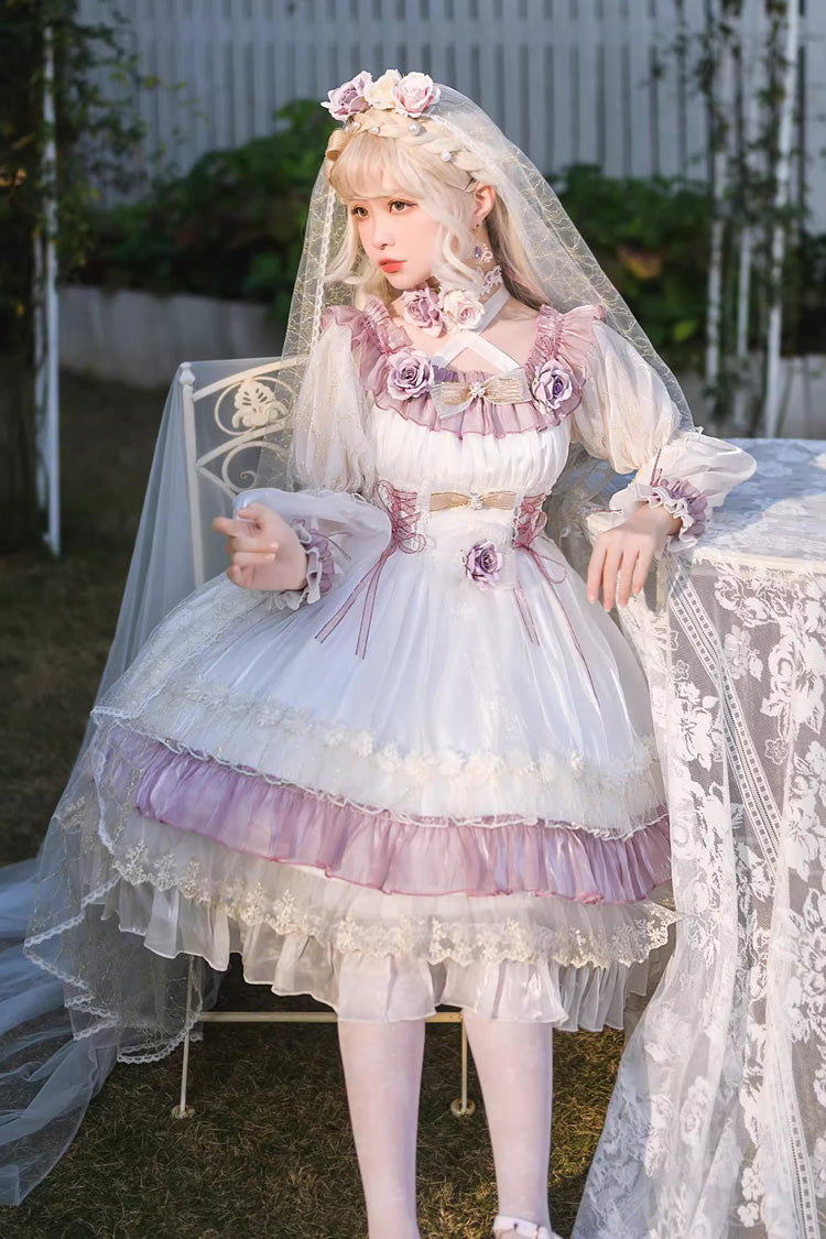 Purple [Spring of Boliya] Long Sleeves Multi-Layered Ruffle Bowknot Lace Lace-Up Sweet Princess Lolita Dress - Purple - 1