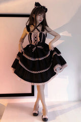 Black/Pink First Love Triple-Layered Ruffle Bowknot Lace Gothic Lolita Jsk Dress - Black/Pink - 1