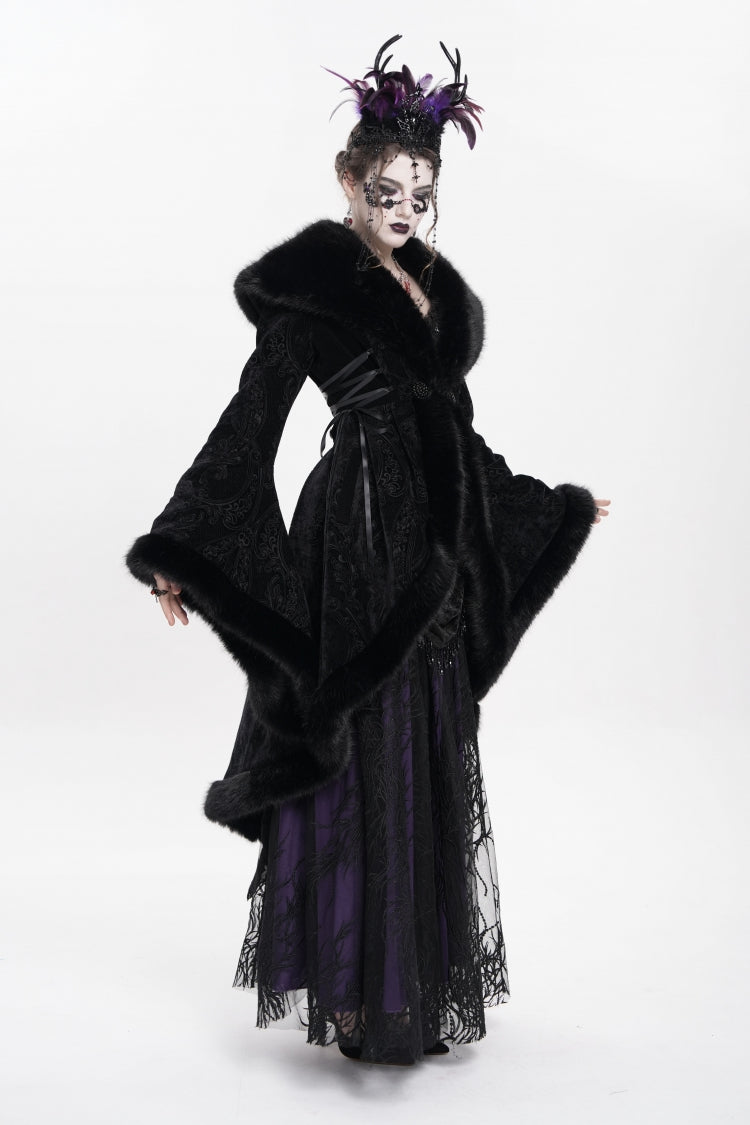 Black Long Sleeves Floral Embroidery Women's Gothic Fluffy Coat - Product - 5