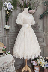 Ivory Elegant Vintage Square Collar Short Sleeves Multi-Layer Ruffled Classic Lolita OP Dress - Product - 2