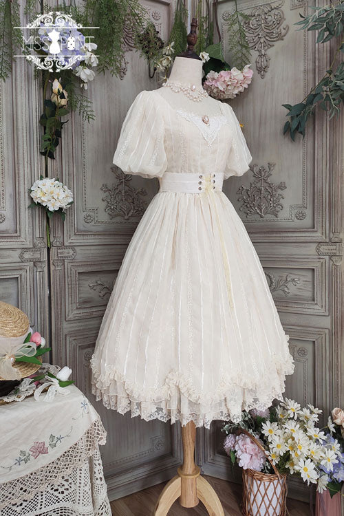 Ivory Elegant Vintage Square Collar Short Sleeves Multi-Layer Ruffled Classic Lolita OP Dress - Product - 2