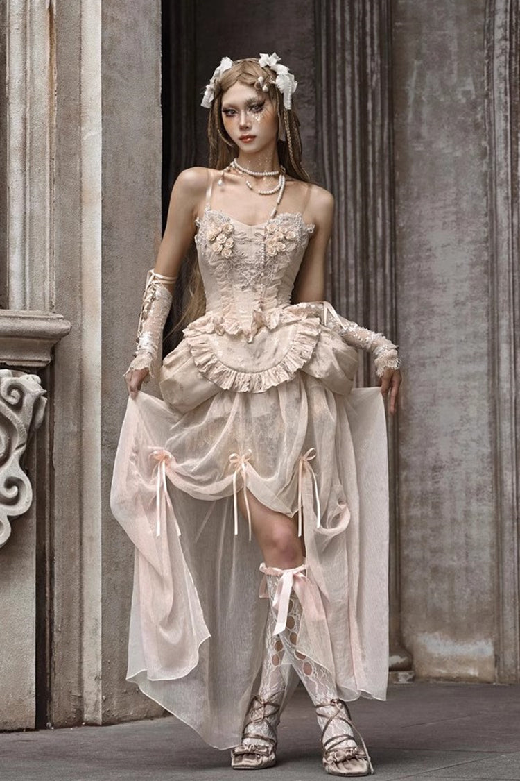 Apricot V Collar Sleeveless High Waisted Ruffle Embroidery Lace Fishbone Gothic Lolita Corset Skirt Set - Product - 6