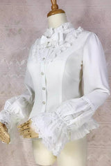 White Stand Collar Long Lantern Sleeves Lace Sweet Lolita Blouse - Product - 2