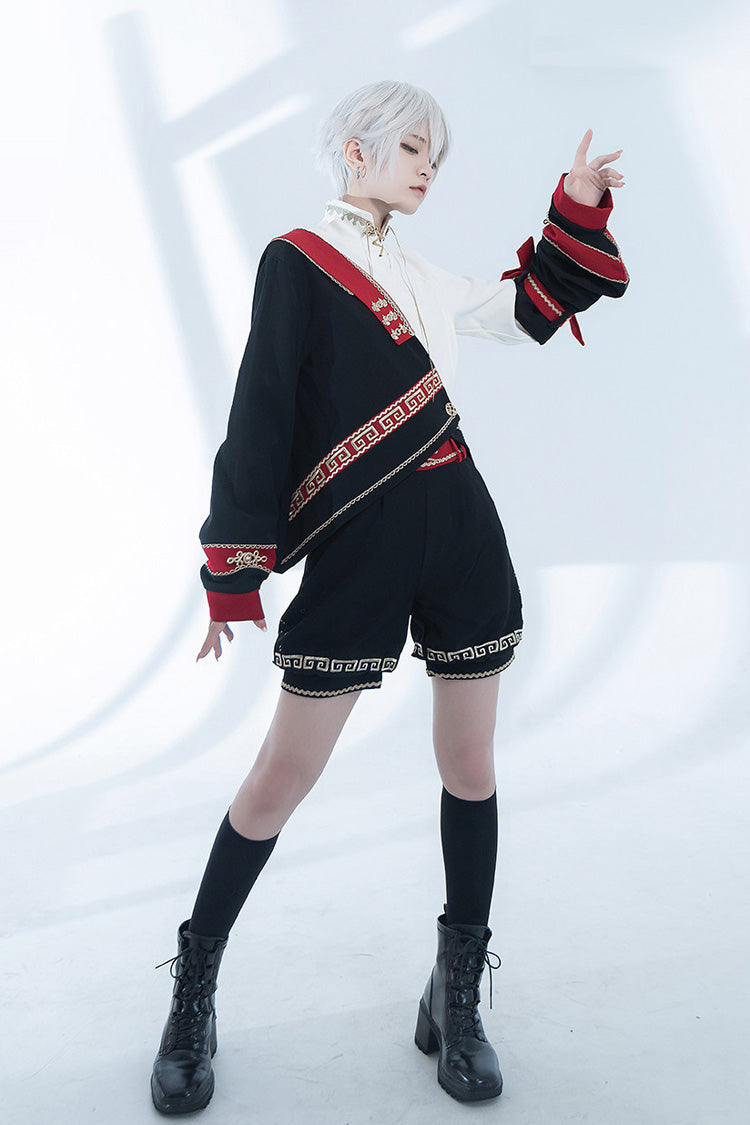 [Cangzhu] Stand Collar Long Sleeves Embroidered Asymmetric Classic Chinese Inspired Vintage Ouji Lolita Shorts Set - Product - 2