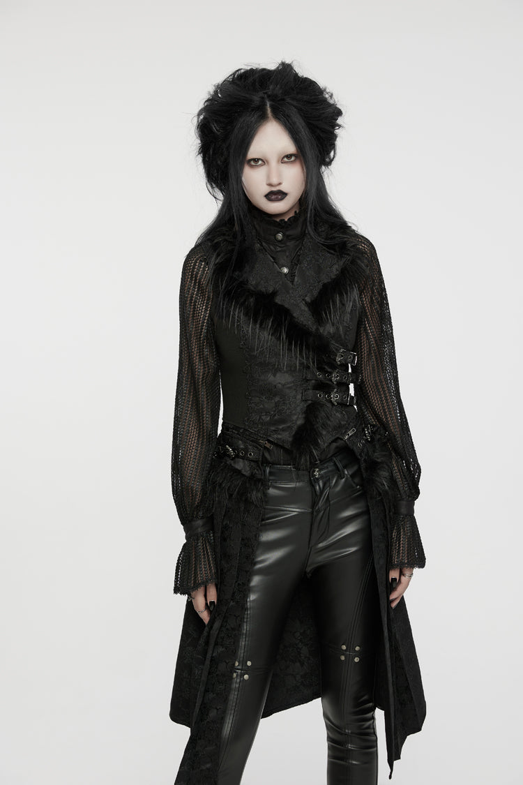 Black V Collar Sleeveless Jacquard Detachable Lace-Up Women's Gothic Vest - Product - 10