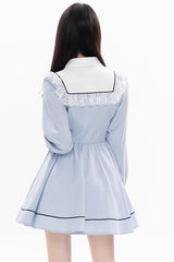 Blue Lapel Collar Long Sleeves Bowknot Lace-Up Jirai Kei Dress - Product - 8