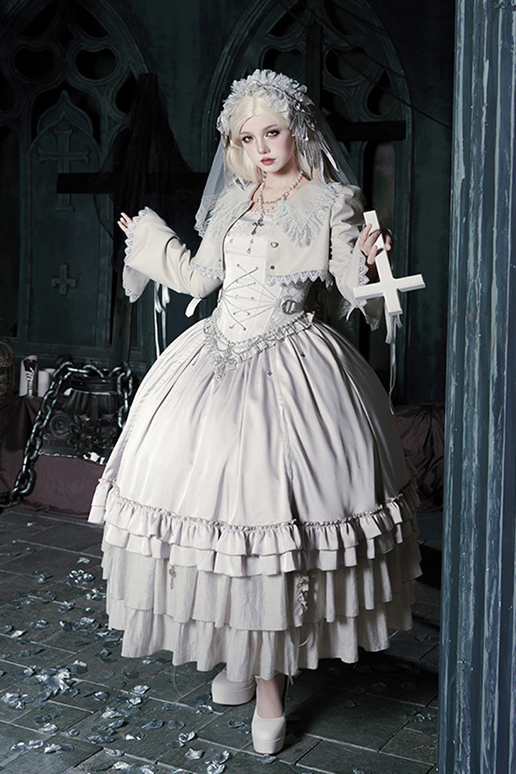 Solid Color [Bionic Doll] Square Collar Multi-Layered Ruffle Bowknot Lace-Up Gothic Lolita Long Skirt Corset Set - Product - 2