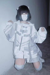 White/Grey Cyberpunk Functional Style Long Sleeves Hooded Jirai Kei Coat - Product - 3