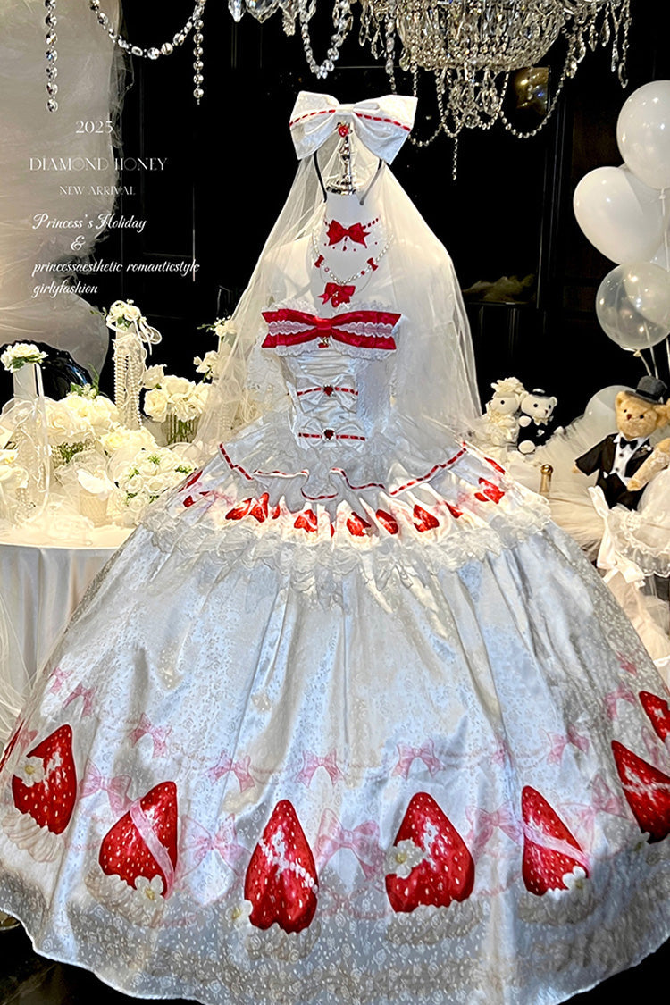 White [True Love Strawberry] Print Off Shoulder Sleeveless Ruffle Bowknot Lace Sweet Princess Lolita Dress Set - Product - 9
