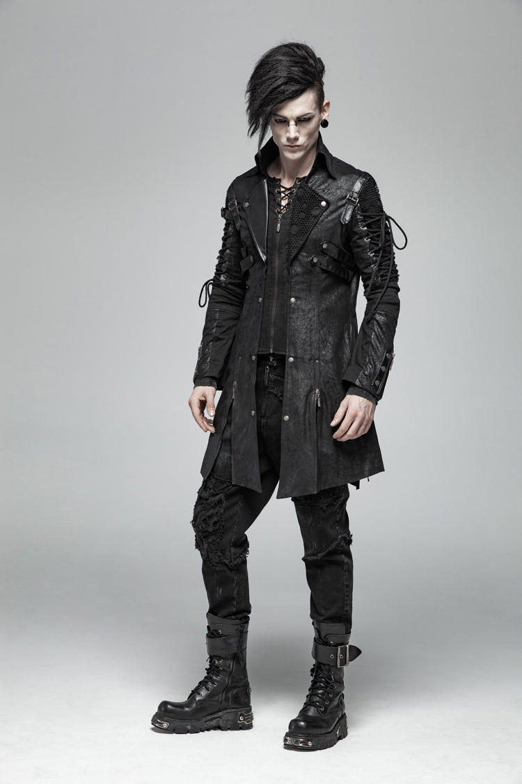 Black Metal Buckle Decoration Zipper Mens Steampunk Windbreaker Coat - Product - 5