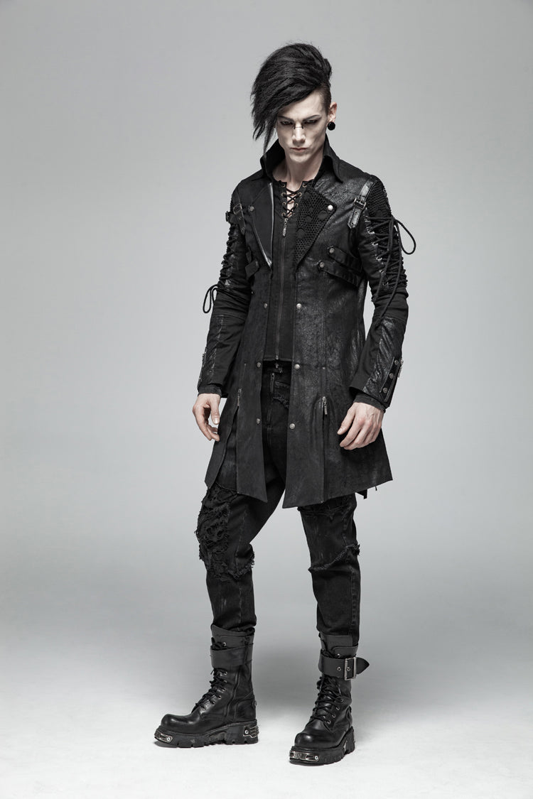 Black Metal Buckle Decoration Zipper Mens Steampunk Windbreaker Coat - Product - 5