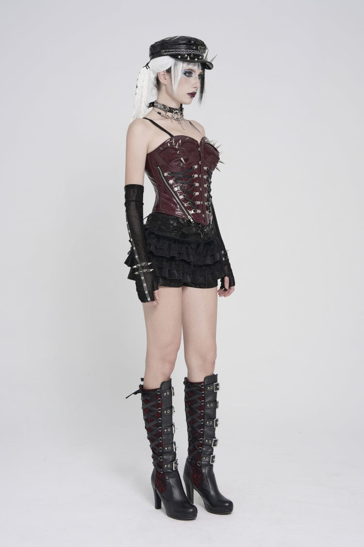 Red Lace-Up Slim Studded Zippered Women's Punk Corset - Product - 3