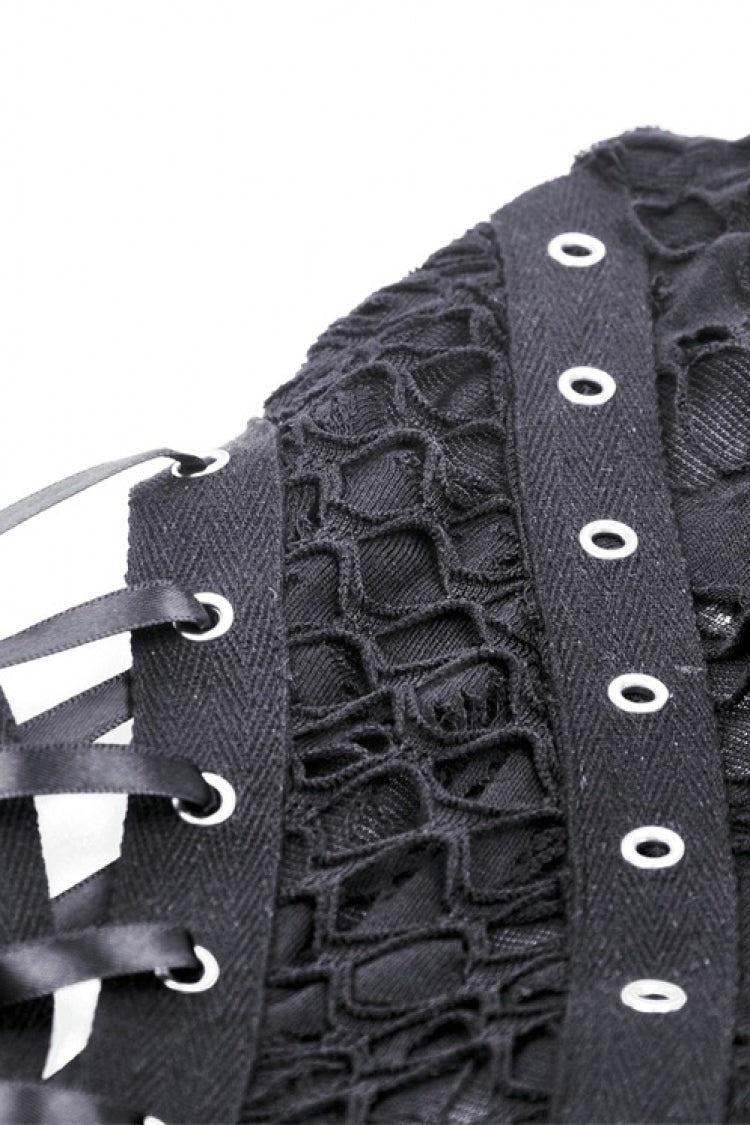 Black High Collar Sleeveless Irregular Asymmetric Lace-Up Eyelet Women's Punk Ripped Tank Top - Product - 13