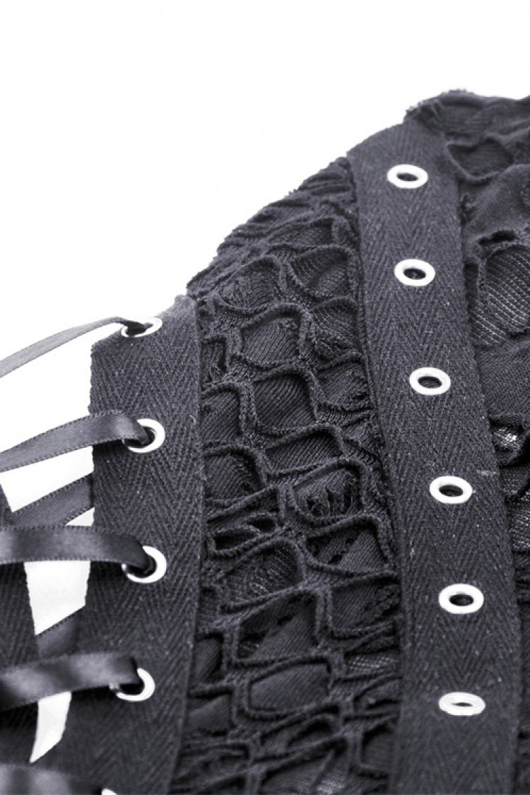 Black High Collar Sleeveless Irregular Asymmetric Lace-Up Eyelet Women's Punk Ripped Tank Top - Product - 13