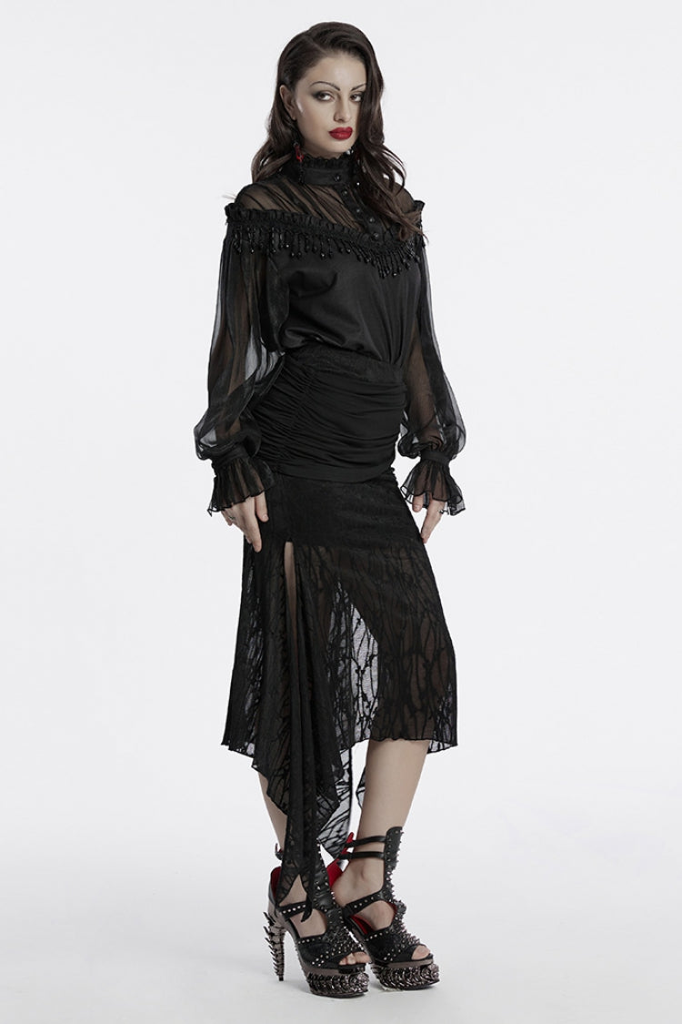 Black Irregular Mesh Ruched Women's Punk Fishtail Skirt - Product - 4