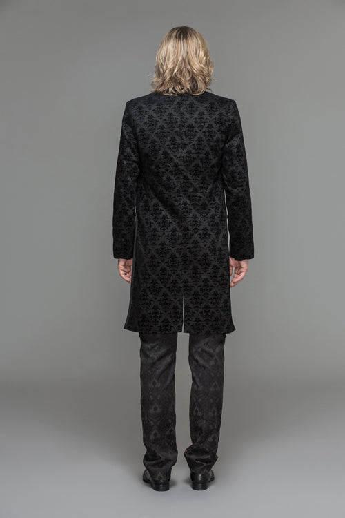 Black Gothic Floral Patterned Flocking Short Front And Long Back Open Mens Coat - Product - 4