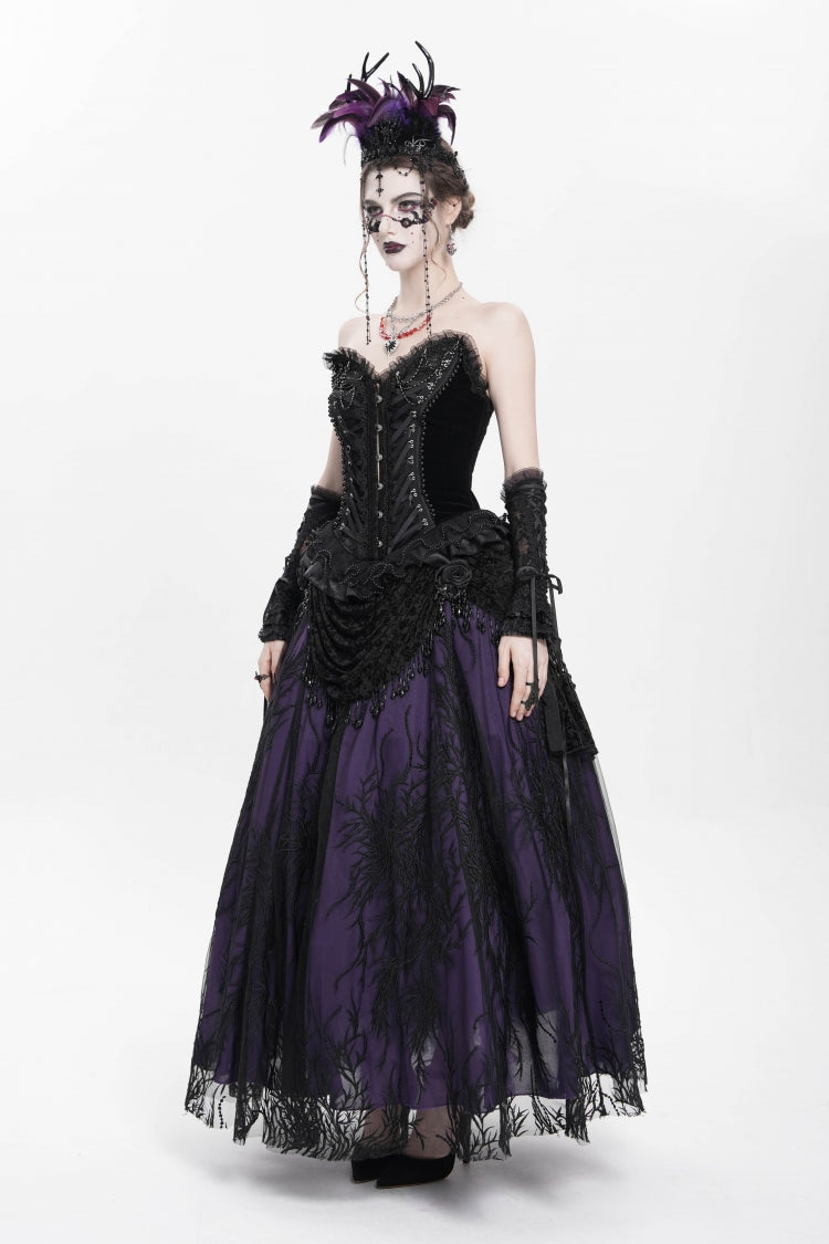 Black/Purple Floral Embroidered Beaded Women's Gothic Long Skirt - Product - 8