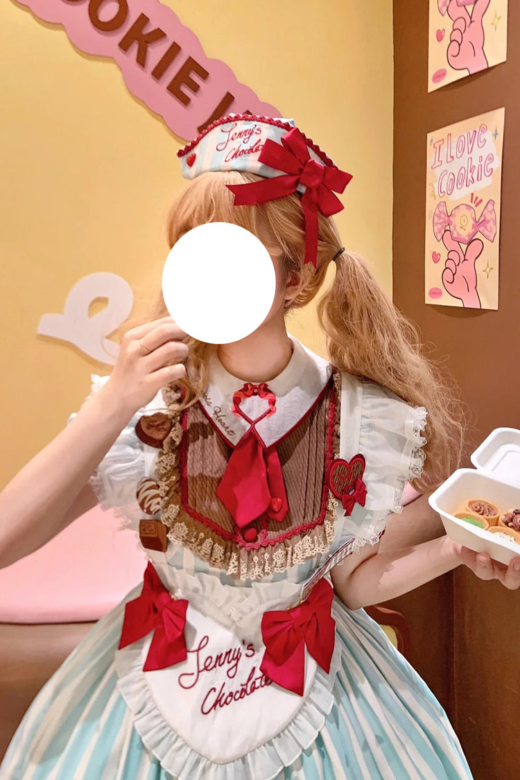Green [Jenny's Chocolate] Short Sleeves Vertical Stripes Print Ruffle Bowknot Sweet Lolita Dress - Product - 8
