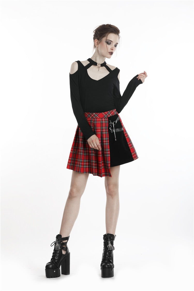 Red Irregular Plaid Pleated Women's Punk Hem Skirt - Product - 9