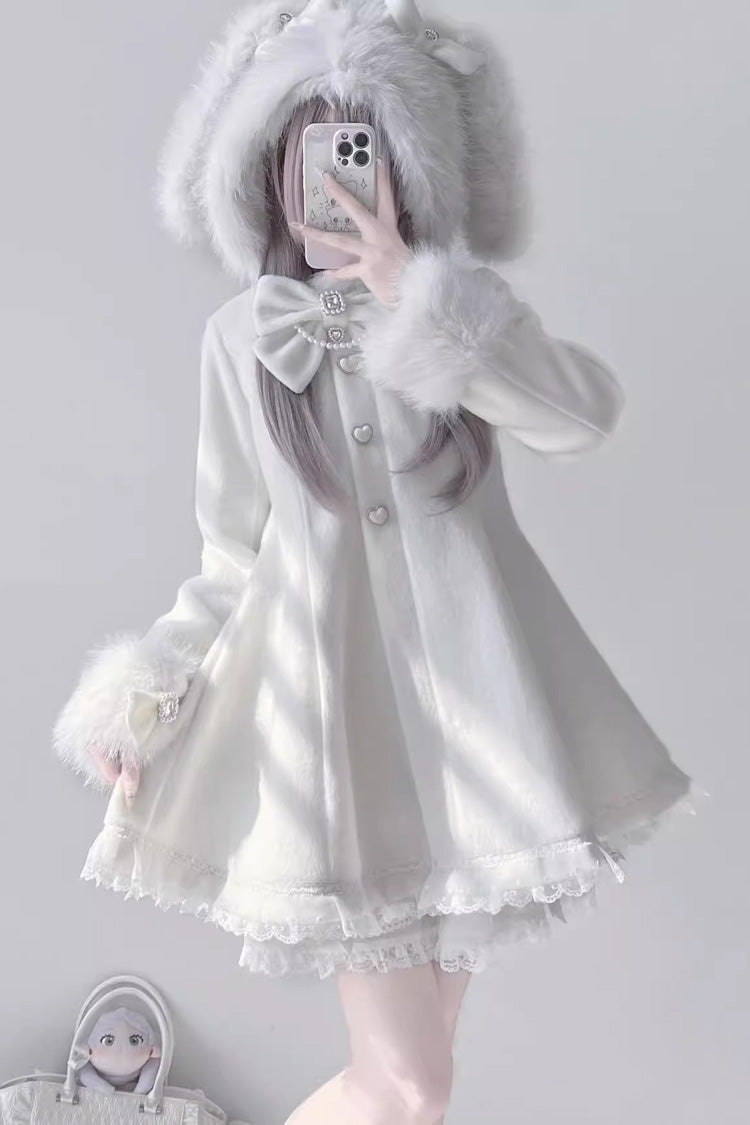 [Plush Lop-eared Rabbit] Long Sleeves Bowknot Lace Hooded Sweet Jirai Kei Coat 5 Colors - Product - 10