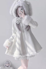 [Plush Lop-eared Rabbit] Long Sleeves Bowknot Lace Hooded Sweet Jirai Kei Coat 5 Colors - Product - 10