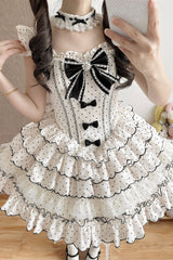 Beige Sleeveless Multi-Layered Polka Dots Printed Ruffled Bow Sweet Princess Lolita Jsk Dress - Product - 5