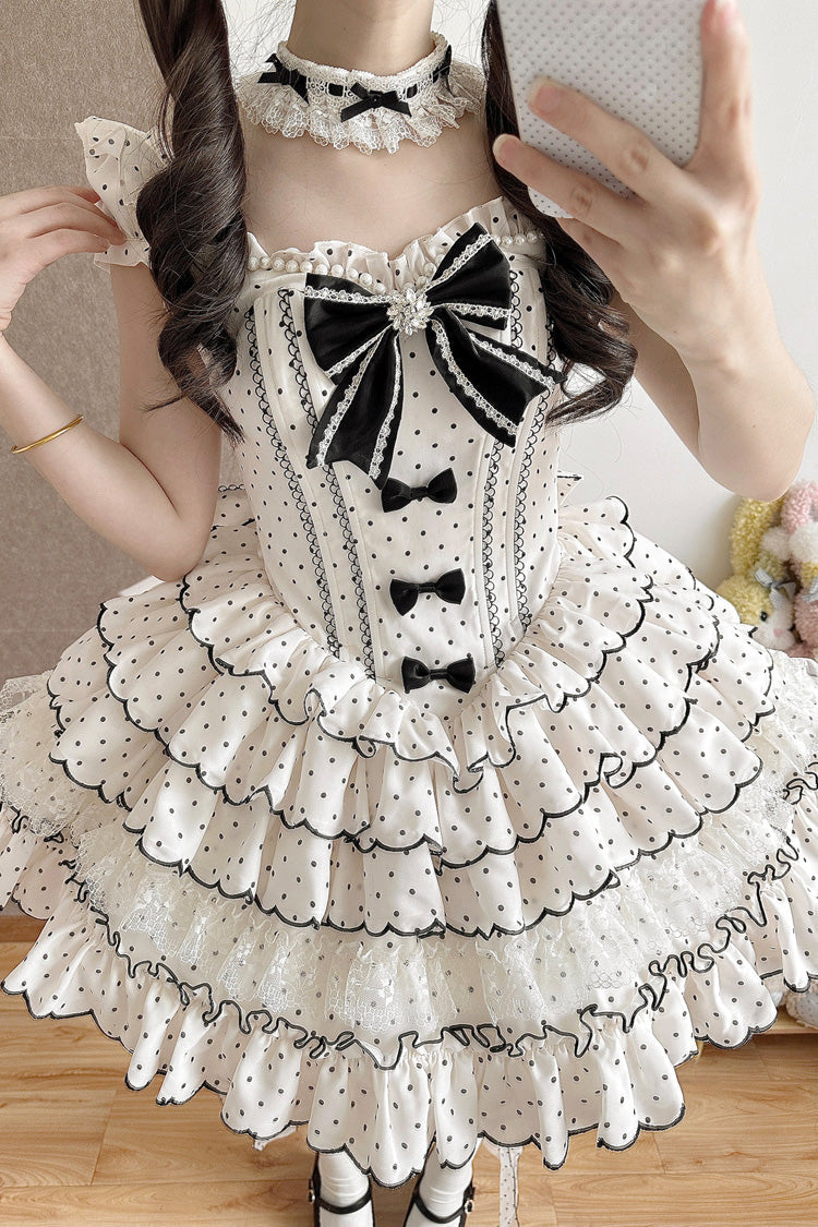 Beige Sleeveless Multi-Layered Polka Dots Printed Ruffled Bow Sweet Princess Lolita Jsk Dress - Product - 5