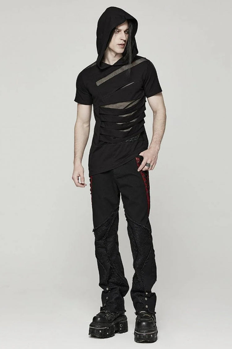 Black Short Sleeves Stitching Hooded Mesh Ripped Mens Steampunk T-Shirt - Product - 4