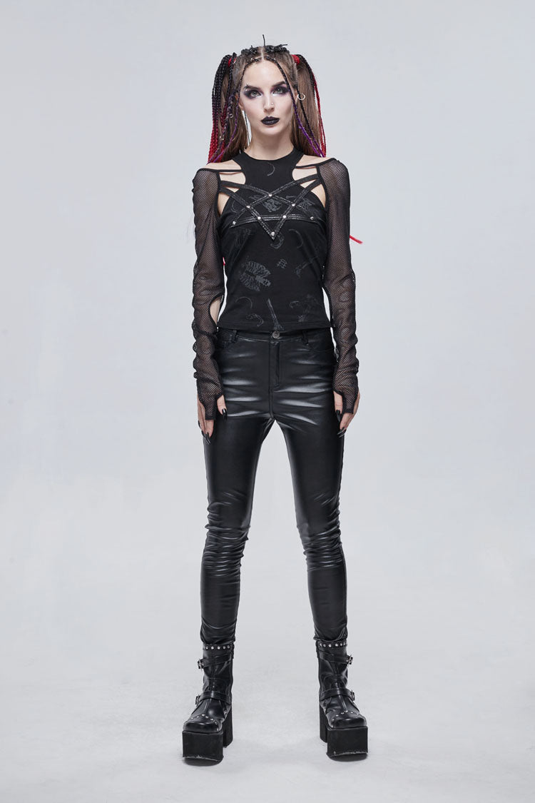 Black Pentagram Leather Striped Long Sleeve Women's Gothic T-Shirt - Product - 3