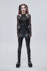 Black Pentagram Leather Striped Long Sleeve Women's Gothic T-Shirt - Product - 3