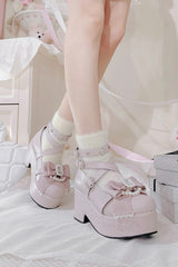 [Declaration Of First Love] Embroidery Bowknot Sweet Jirai Kei Japanese Platforms Shoes 4 Colors - Product - 7