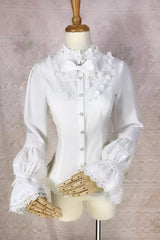 White Stand Collar Long Lantern Sleeves Lace Sweet Lolita Blouse - White - 1