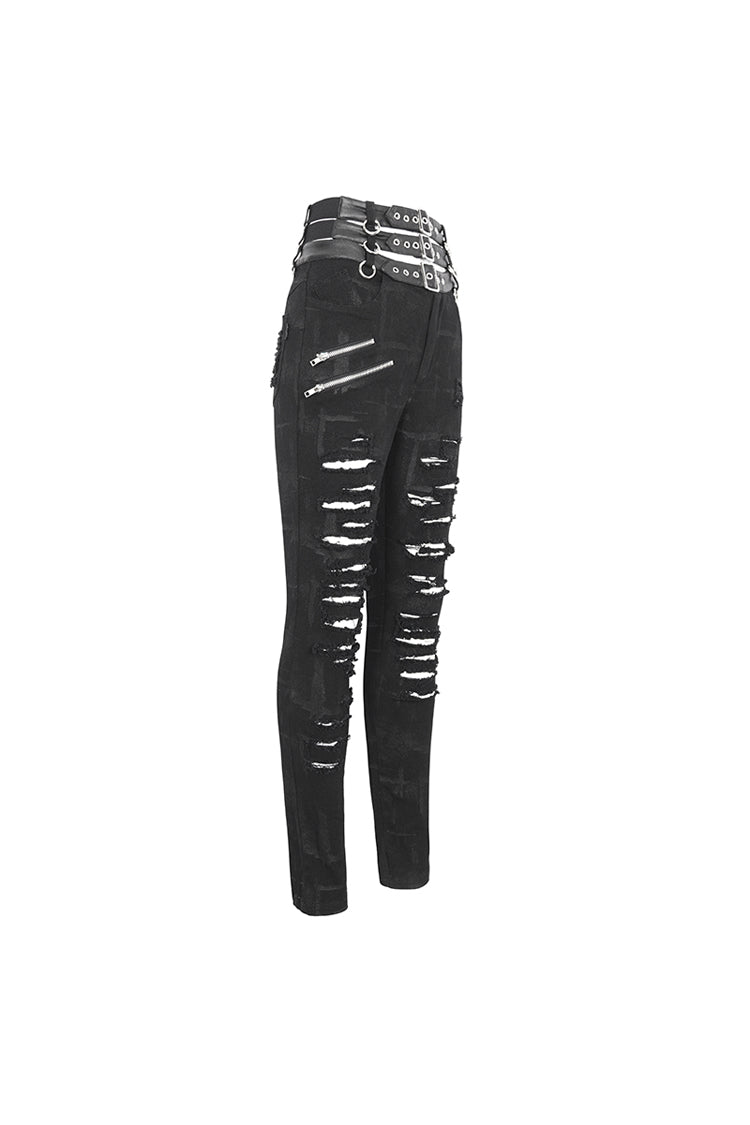 Black High Waisted Loophole Ripped Buckle Women's Punk Pants - Product - 8