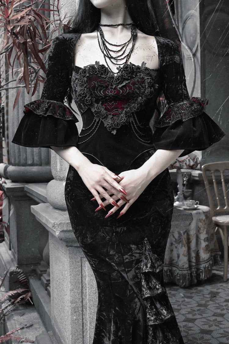 Black [Castle of Dark Romance] Square Collar Short Sleeves Multi-Layered Ruffled Embroidered Open-Front Lace Gothic Lolita Mermaid Dress - Product - 6