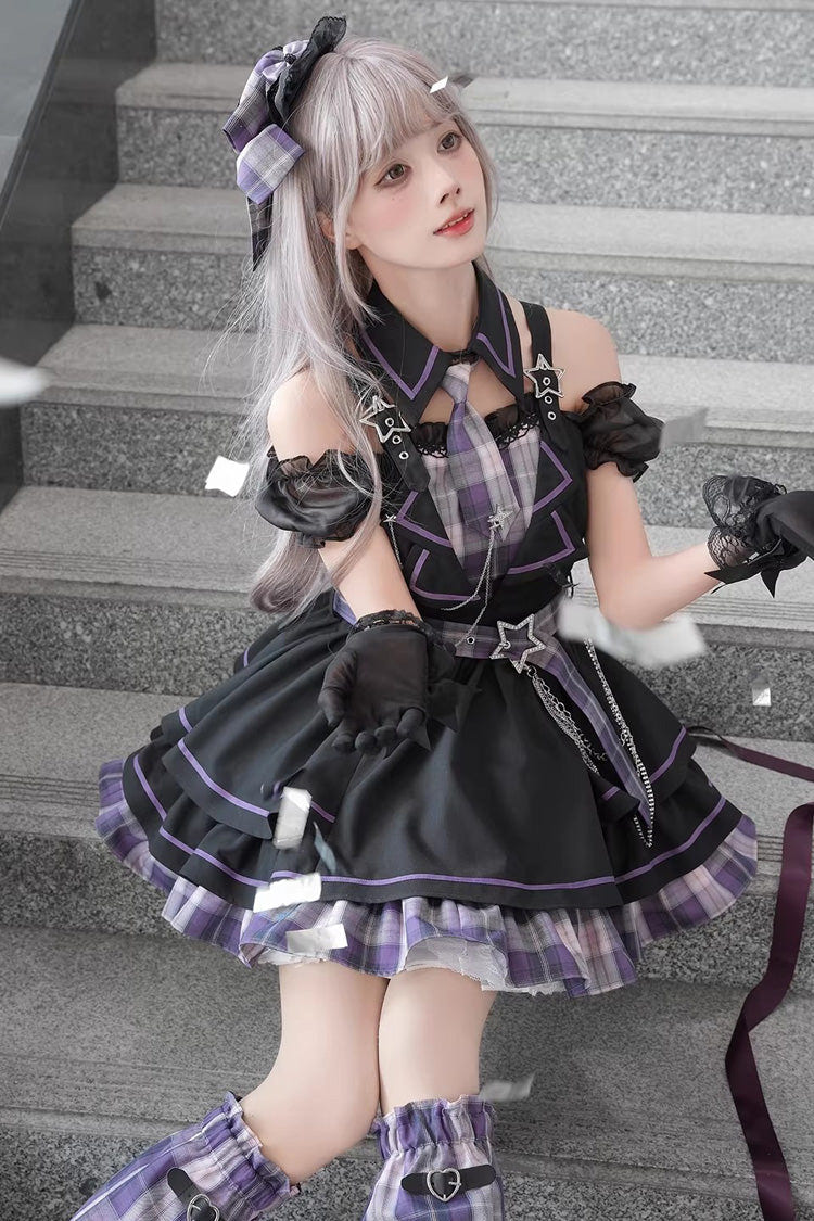 パープル [Dark Night Rose] ボートネック 半袖 ティアード チェック プリント フリル チェーン-Decorated ゴシックロリータワンピース 商品画像