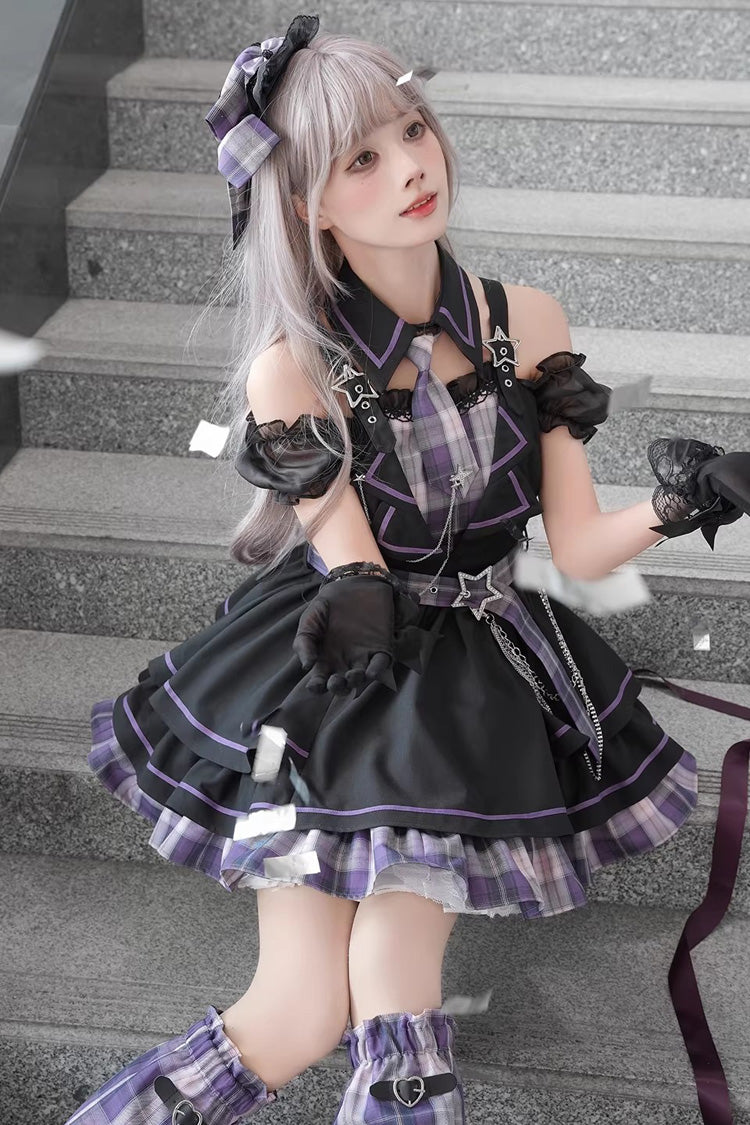 Purple [Dark Night Rose] Boat Neck Short Sleeves Multi-Layered Plaid Printed Ruffled Chain-Decorated Gothic Lolita Dress - Product - 5
