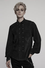 Black Double-breasted Long Puff Sleeves Men's Gothic Blouse - Black - 1