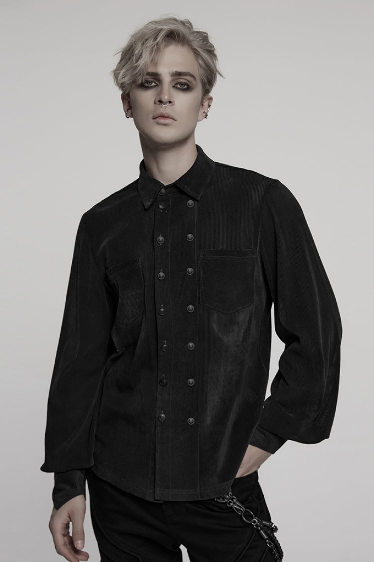 Black Double-breasted Long Puff Sleeves Men's Gothic Blouse - Black - 1