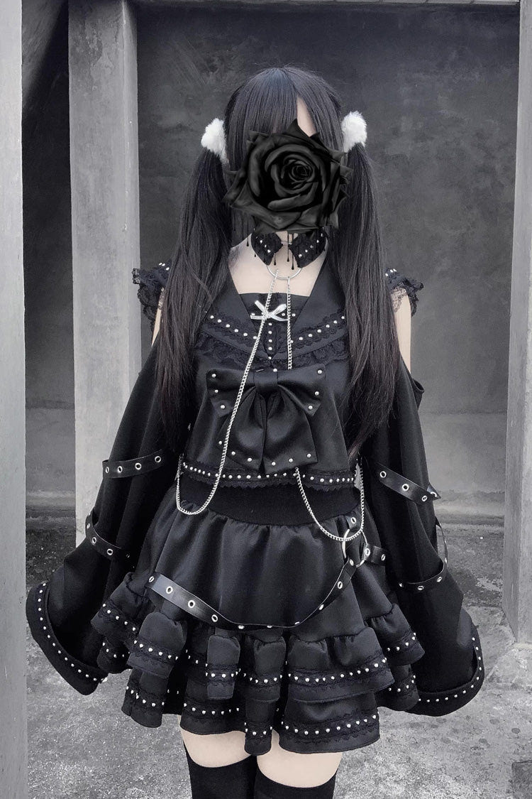 ブラック [Serpent Devour] ネイビー 襟 長袖 フリルリボン スタッズ ゴシック 地雷系 トップス＆スカートセット 商品画像