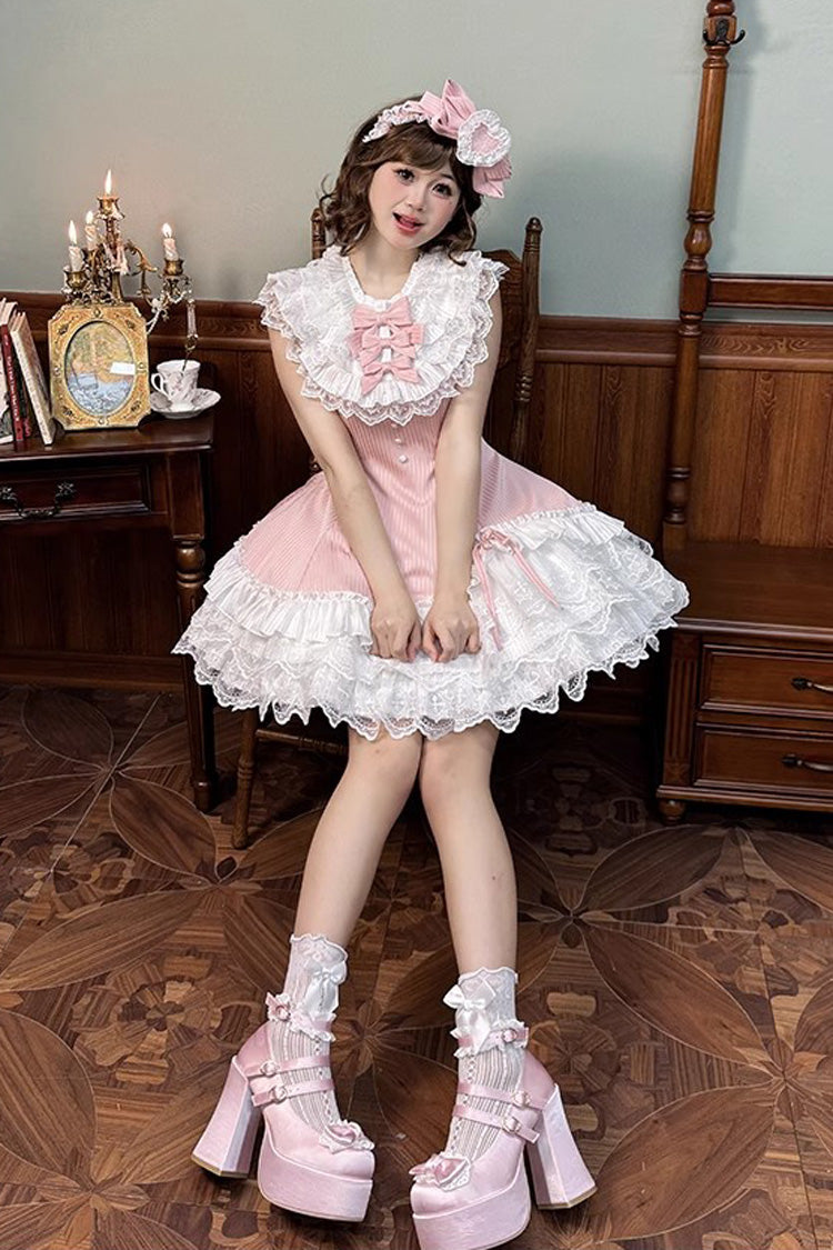 Pink [Miss Tsundere] Sleeveless Multi-Layered Ruffle Bowknot Lace Asymmetric Sweet Princess Lolita Dress - Product - 8