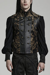 Men's Stand Collar Jacquard Print Stitching Metal Ring Decoration Gothic Vest 2 Colors - Black/Glod - 1