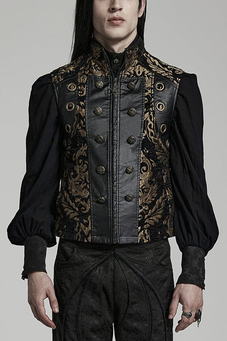 Men's Stand Collar Jacquard Print Stitching Metal Ring Decoration Gothic Vest 2 Colors - Black/Glod - 1