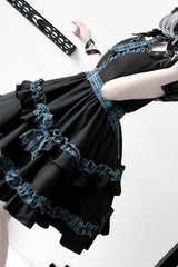 Black [Dark Night Starlight] Chain Ruffle Bowknot Lace Buckle Gothic College Style Lolita Dress Set - Product - 5