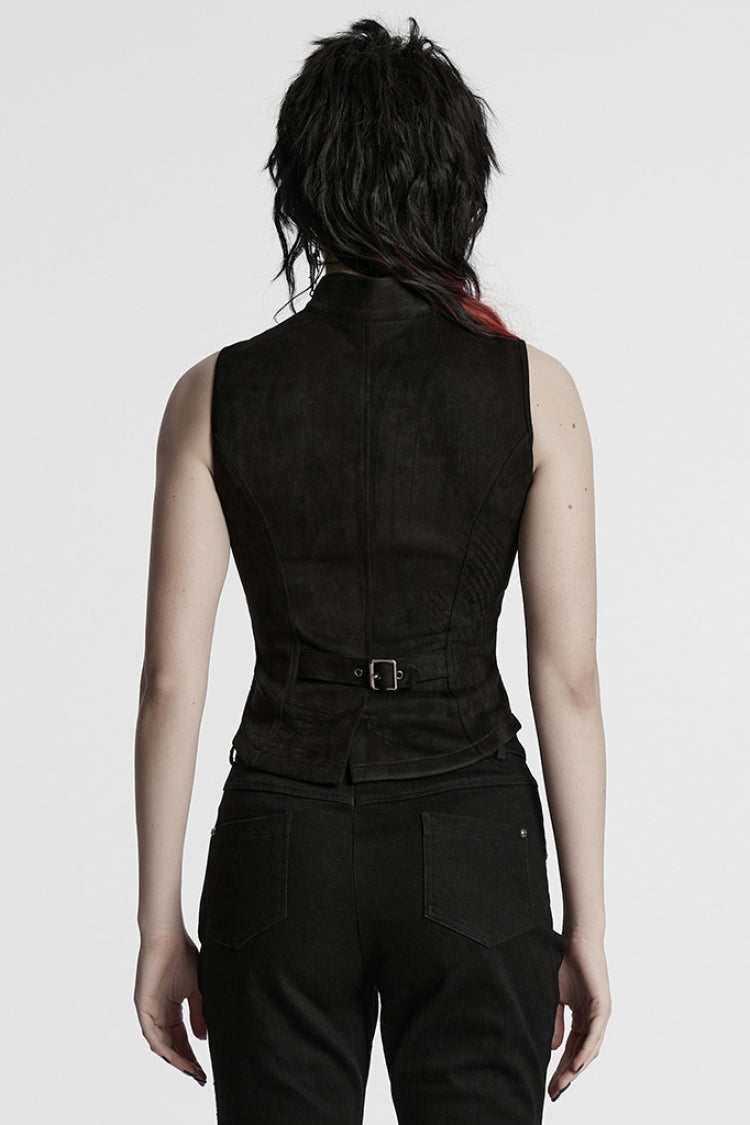 Black Stand Collar Stitching Mesh Buckle Women's Punk Vest - Product - 3