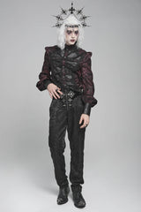 Black/Red Stand Collar Long Lantern Sleeves Floral Print Embroidery Men's Gothic Blouse - Product - 14