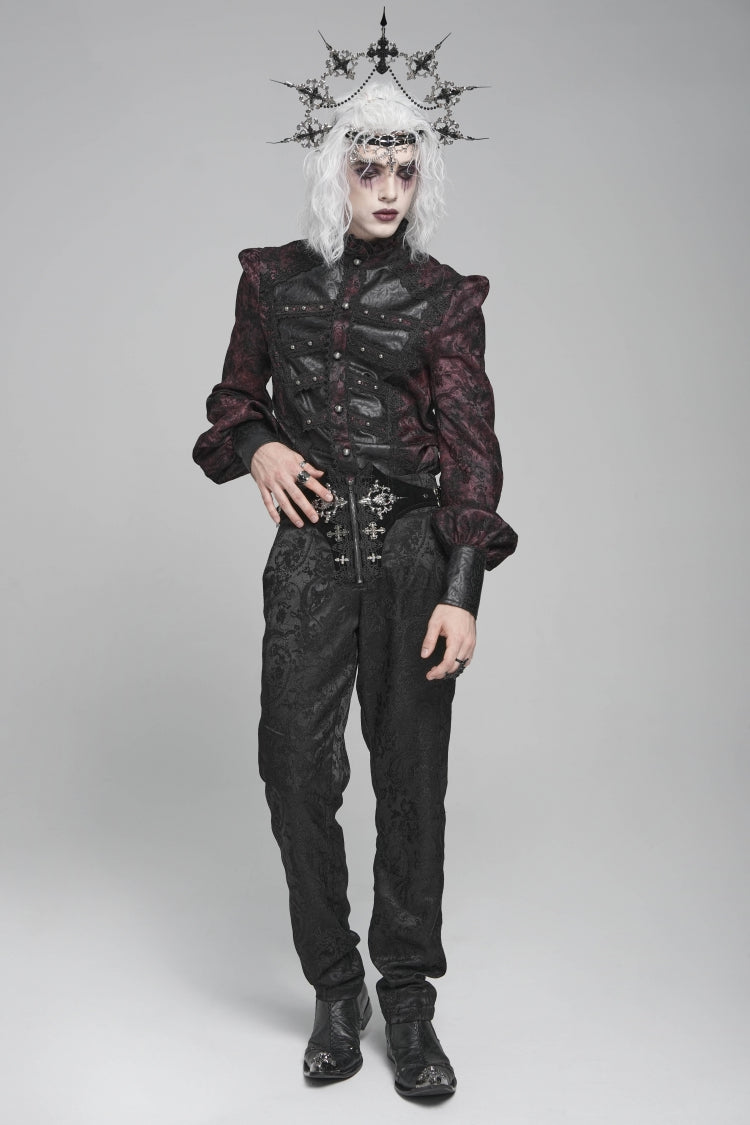 Black/Red Stand Collar Long Lantern Sleeves Floral Print Embroidery Men's Gothic Blouse - Product - 14