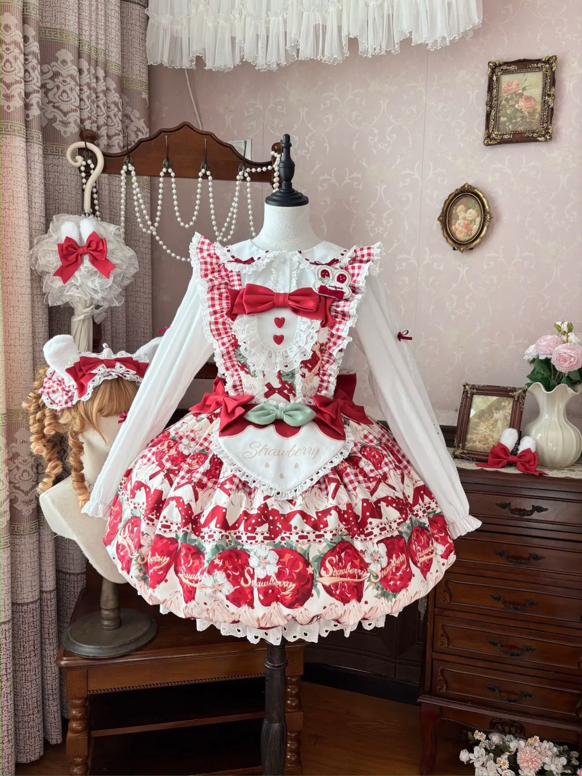 Strawberry Print Ruffled Maid Lolita Dress Set with Apron - view 8