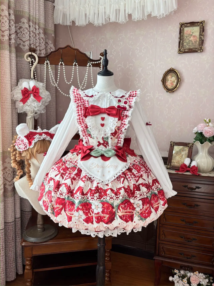 Strawberry Print Ruffled Maid Lolita Dress Set with Apron - view 8