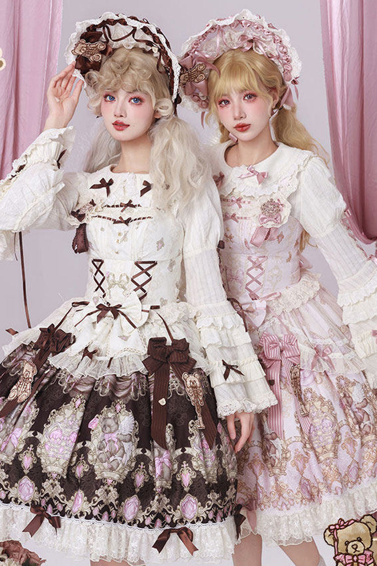 Pink [Antique Teddy Bear] Sleeveless Printed Bow Lace Sweet Elegant Lolita Jsk Dress - Product - 8